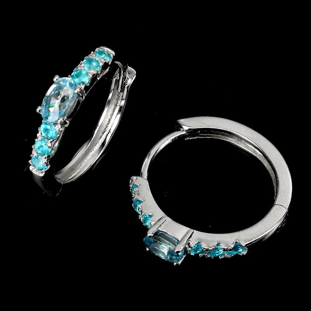 NATURAL Blue Zircon And Apatite 925 Sterling Silver Earrings Hoops - Picture 8 of 13